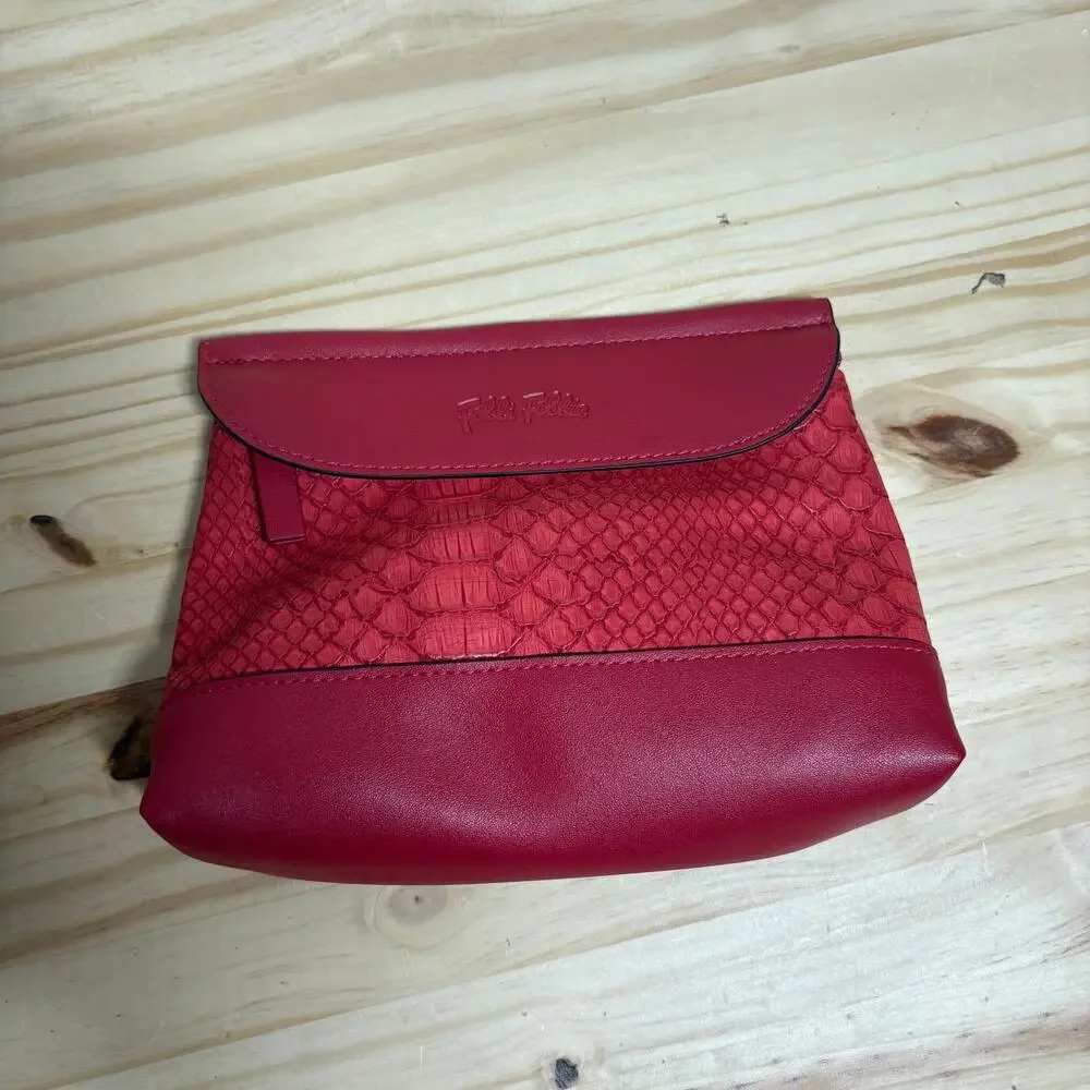 Folli Follie Womens Faux Leather Small Cosmetic Case Pouch Red Zipper Snake Skin